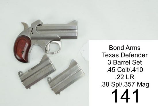 Bond Arms    Texas Defender    3 Barrel Set    .45 Colt/.410 & .22 LR & .38 Spl/.357 Mag    All 3"
