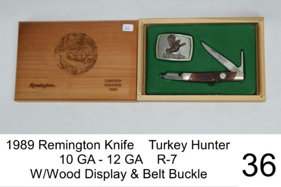 1989 Remington Knife    Turkey Hunter    10 GA - 12 GA    R-7    W/Wood Display & Belt Buckle