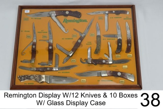 Remington Display W/12 Knives & 10 Boxes    W/ Glass Display Case