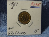 1869S $2.50 LIBERTY GOLD LOW MINTAGE VF