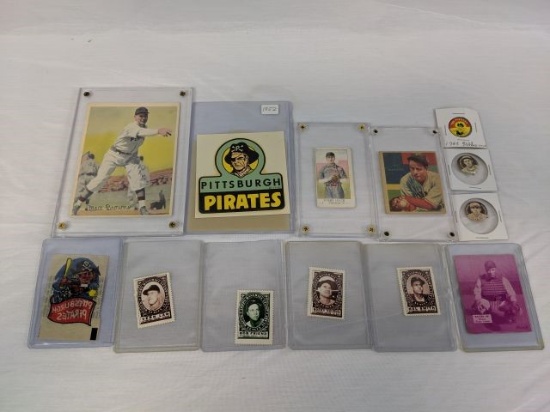 Pittsburgh Pirates Vintage Lot of 11 w/cards, Topps stickers, Sweet Caporal pins, Guys pin