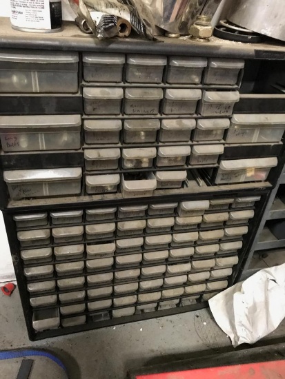 2- Plastic Hardware bins, with misc contents, 20 inches wide