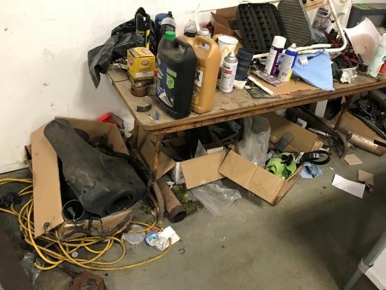 Various Cleanout Lot, includes table, used car parts, scrap metal, and misc partial automotive fluid