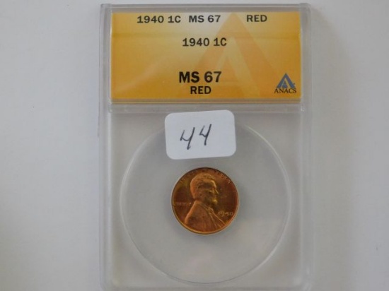 1940 LINCOLN CENT ANACS MS67 RED GREYSHEET PRICE $95. (RARE GRADE)