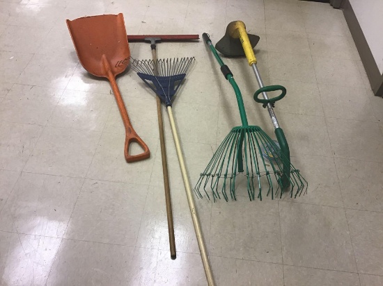 Assorted long handle tools, and an electric weed eater