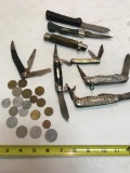 Lot of American Made Knives and foreign coins