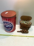 50 pound Falter's Lard Can, with wooden scoops and wooden basket