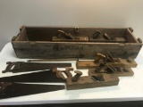 Wooden Crate with Various Wooden Hand Planes, and saws
