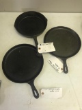 3 Cast Iron Skillets, Lodge, 1994 Edition Meal Griddle, and an additional cast iron skillet