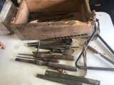 Wooden Box (termite damage) with assorted vintage tools and drill bits