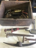Wooden Box with assorted vintage tools and wrenches