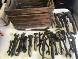 Wooden Crate with HUGE amount of vintage wrenches and farm tools