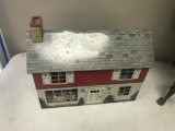 Metal tin doll house, with misc contents, approx 18 inches long
