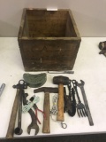 Wooden Box with various tools and utensils