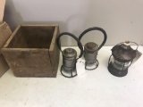 Wooden Box with 3 old battery lanterns, untested