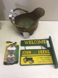 Copper Pitcher, John Deere Sign, and John Deere Coasters
