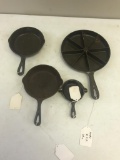 Cornbread Pan, Cast Iron Ashtray, and 2 smaller cast iron skillets