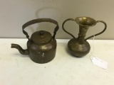 Hammered Brass Vase and Brass Teapot with lid, vase is 7 inches tall