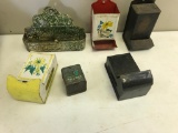 5 Vintage Match Holders and one vintage tin