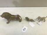 Cast Iron Lion Bank, and 2 Brass Dog Statues