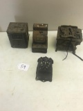 Cast Iron Lot, Match Holder, Crescent Child's Stove (incomplete) and 2 toy mechanical banks