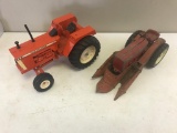 Allis Chalmers D21 Toy Tractor, and vintage Farmall tractor with harvester