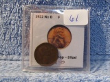 1922 NO-D DIE PAIR-2 LINCOLN CENT RARE F