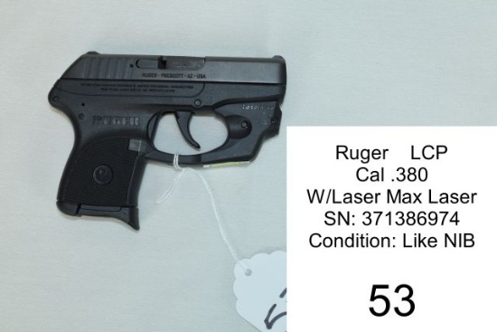 Ruger    LCP    Cal .380    W/Laser Max Laser    SN: 371386974    Condition