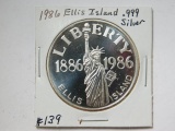 1986 ELLIS ISLAND 1-OZ. .999 SILVER ROUND PF