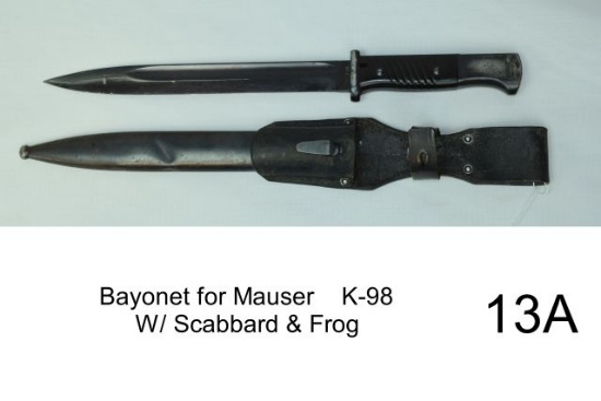 Bayonet for Mauser    K-98    W/ Scabbard & Frog    Condition: 60%