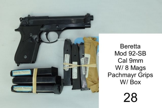 Beretta    Mod 92-SB    Cal 9mm    SN: B781272    W/ 8 Mags    Pachmayr Gri