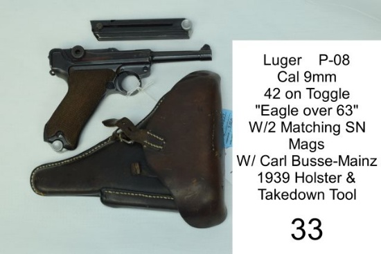 Luger    P-08    Cal 9mm    42 on Toggle    "Eagle over 63"    SN: 2160