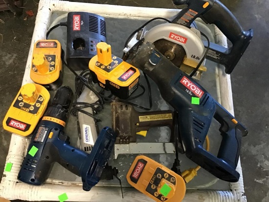 Power Tool lot, stapler, Dremel tool, and 18 volt Ryobi Cordless set