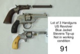 Lot of 3 Handguns    US Revolver, Blue Jacket, Stevens Tip-up    Not in wor