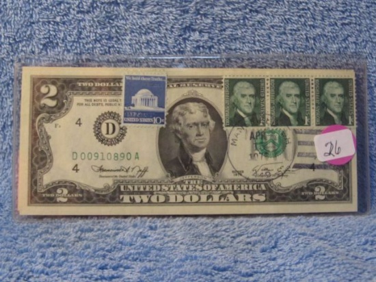 1976 $2. NOTE FIRST DAY OF ISSUE W/STAMPS