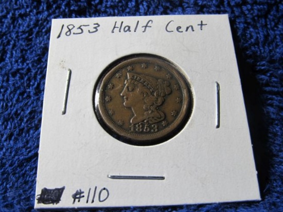 1853 HALF CENT XF