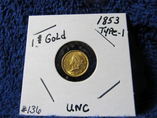 1853 U.S. $1. GOLD PIECE AU+