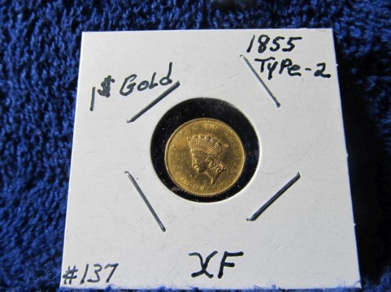 1855 U.S. $1. GOLD PIECE XF