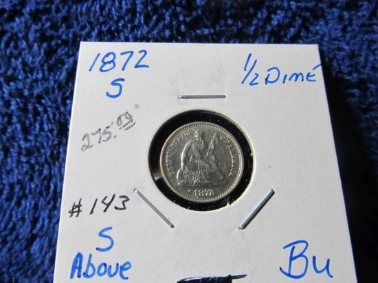 1872S ABOVE BOW SEATED HALF DIME