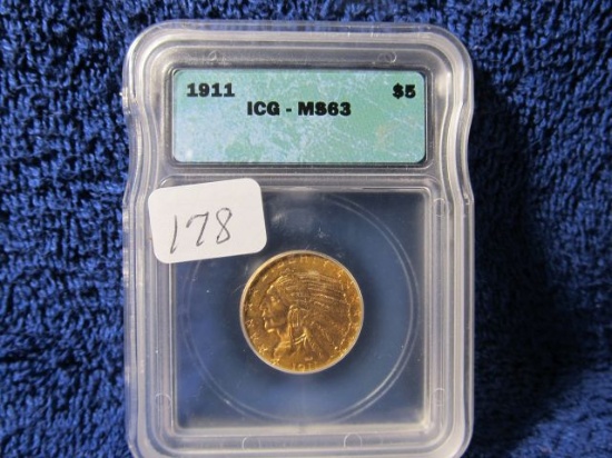 1911 $5. INDIAN HEAD GOLD PIECE IN ICG MS63 HOLDER