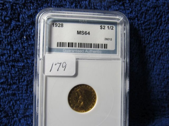 1928 $2.50 INDIAN HEAD GOLD PIECE IN NAS MS64 HOLDER