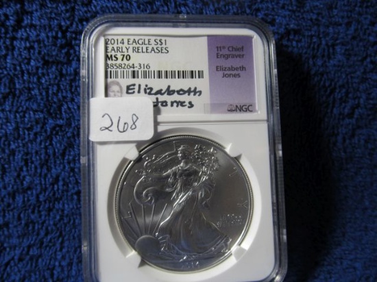 2014 SILVER EAGLE NGC MS70 EARLY RELEASES ELIZABETH JONES SIGNATURE