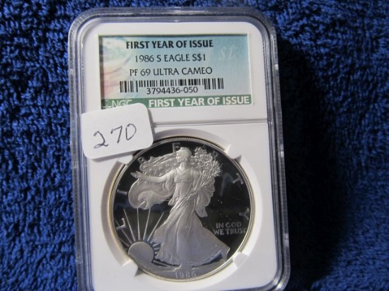 1986S SILVER EAGLE NGC PF69 ULTRA CAMEO FIRST DAY OF ISSUE