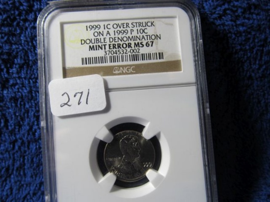 1999 LINCOLN CENT NGC MS67 MINT ERROR OVER STRUCK ON 1999P DIME DOUBLE DENO