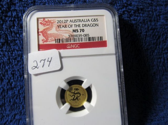 2012P AUSTRALIA $5. GOLD PIECE NGC MS70 YEAR OF THE DRAGON