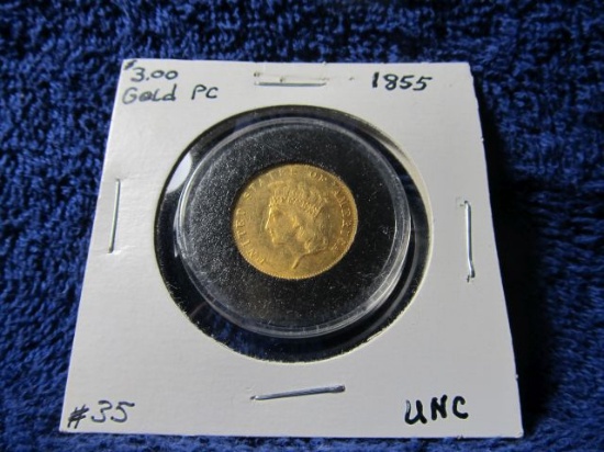 1855 $3. GOLD PIECE UNC