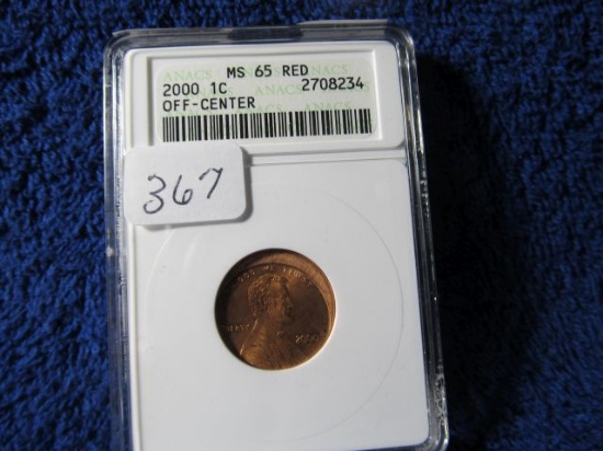 2000 LINCOLN CENT ANACS MS65 RED MINT ERROR OFF-CENTERED