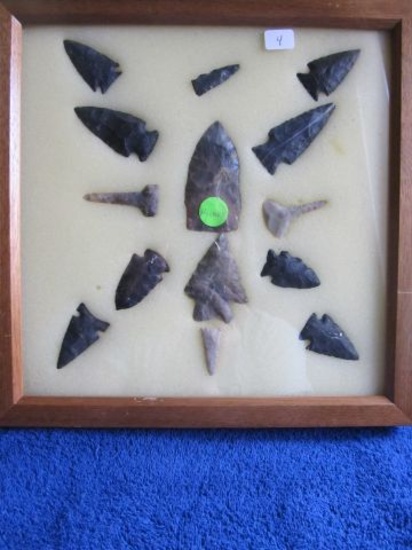 FRAME W/14 NATIVE AMERICAN ARTIFACTS FOUND IN HOLMES CO. OH. LARGEST 3"