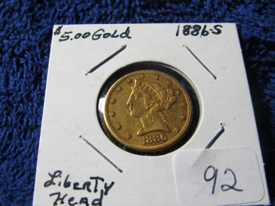 1886S $5. LIBERTY HEAD GOLD PIECE XF