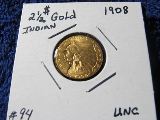 1908 $2.50 INDIAN HEAD GOLD PIECE UNC